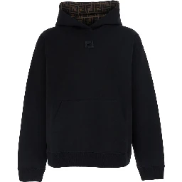 Black Hoodie with fixed hood and FF embroidery on the front in cotton for men