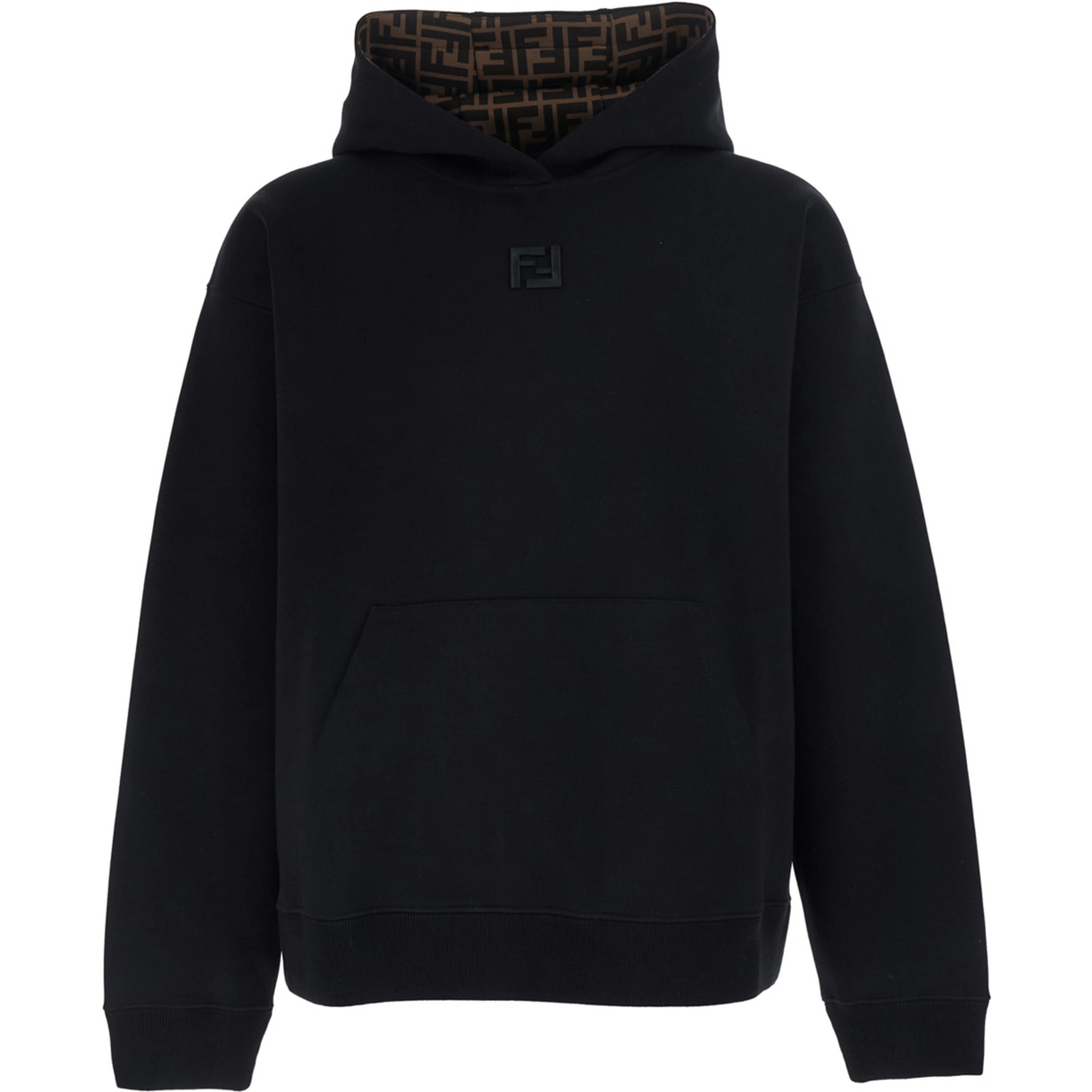 Black Hoodie with fixed hood and FF embroidery on the front in cotton for men