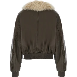 Green Bomber jacket with removable fur collar in leather for women