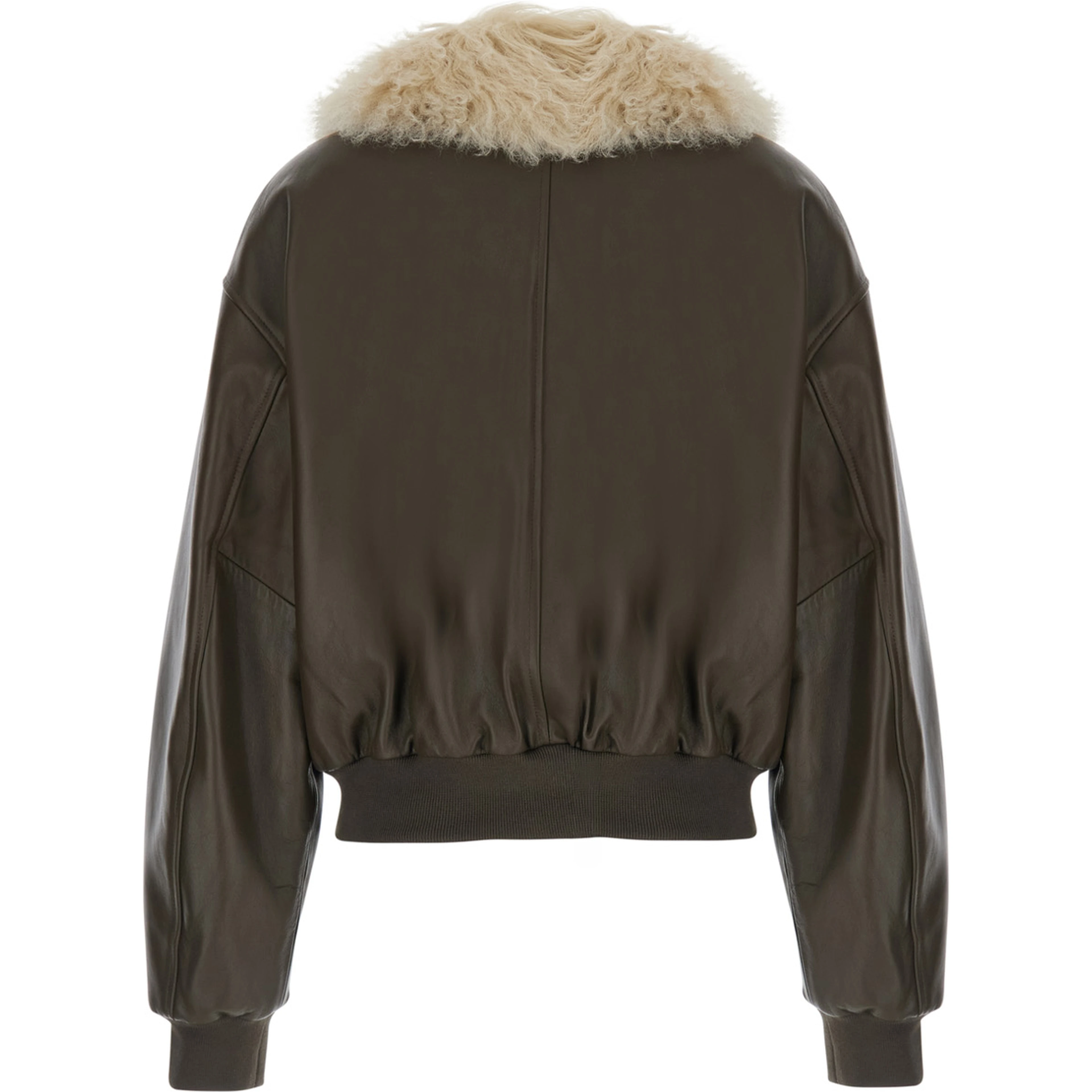 Green Bomber jacket with removable fur collar in leather for women