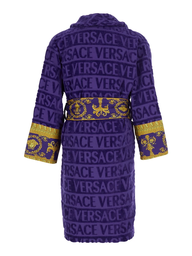 purple Bathrobe with Baroque print and all-over logo in cotton home alternative