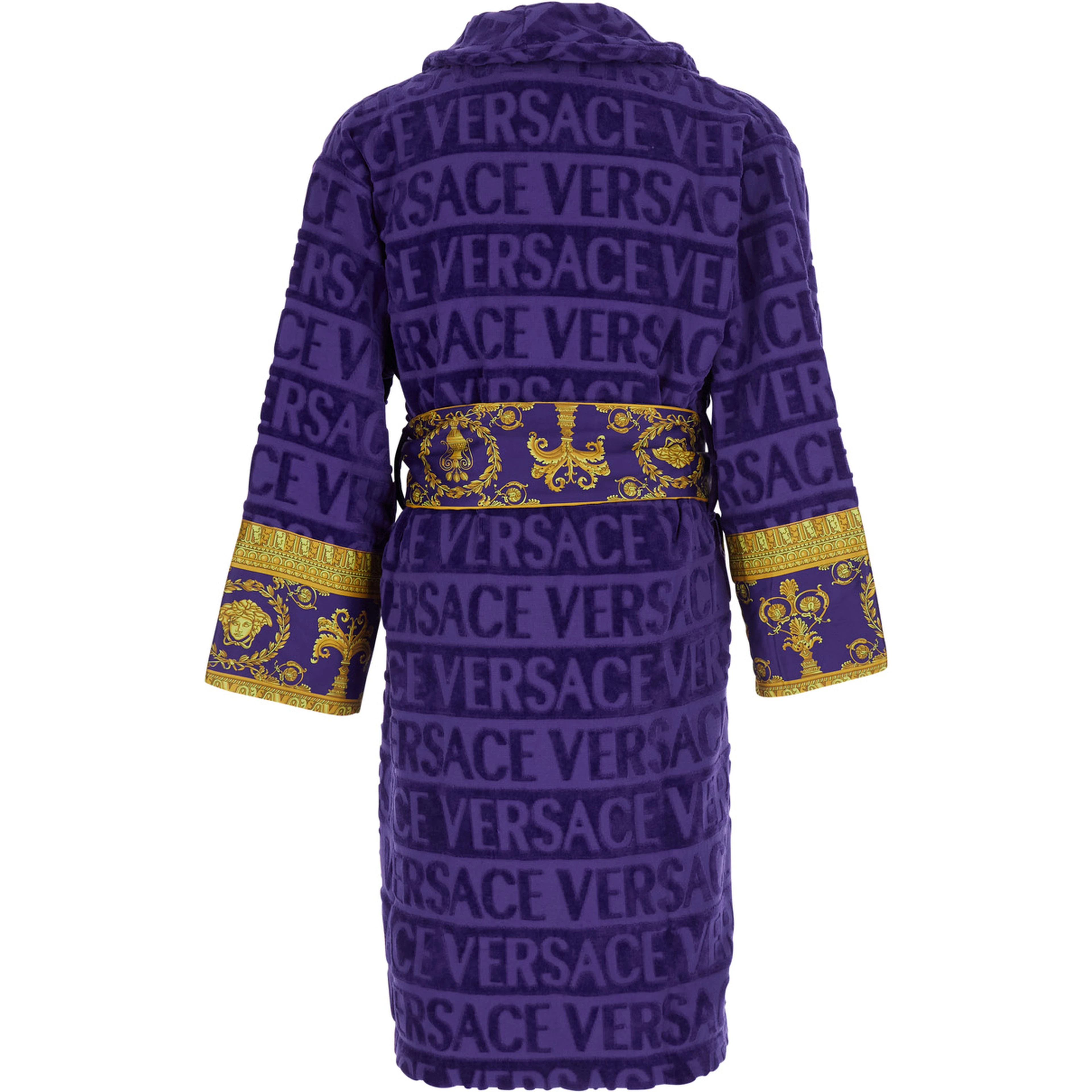 purple Bathrobe with Baroque print and all-over logo in cotton home