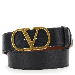 Reversible Belt with VLogo Buckle on the Front in Black Leather for Women