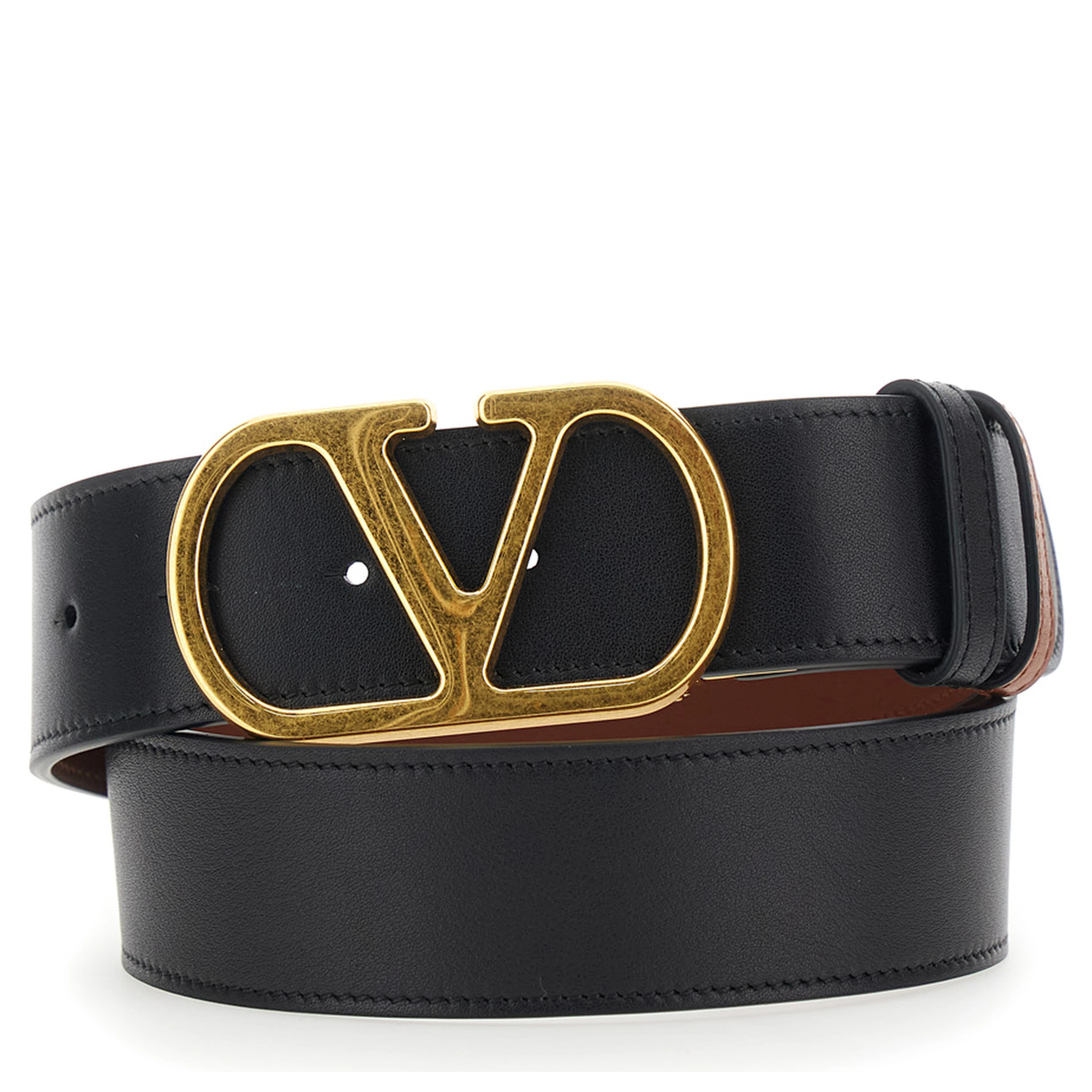 Reversible Belt with VLogo Buckle on the Front in Black Leather for Women