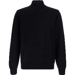 Black Crew Neck Sweater with Half Zip Closure on the Front and Logo Embroidery on the Front in Cotton for Men