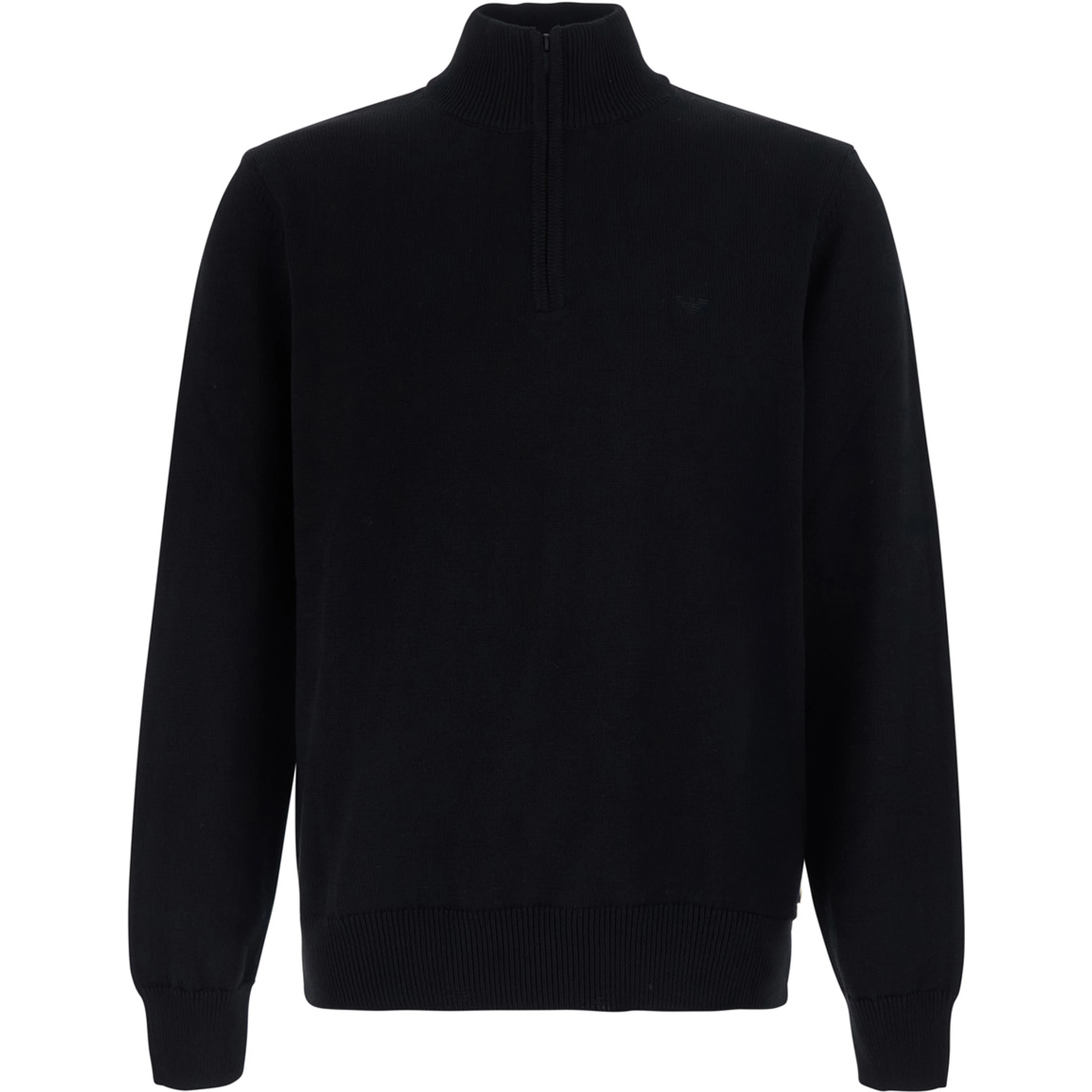 Black Crew Neck Sweater with Half Zip Closure on the Front and Logo Embroidery on the Front in Cotton for Men