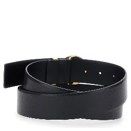Black Belt with Medusa Buckle and Metal Loop in Leather for Men