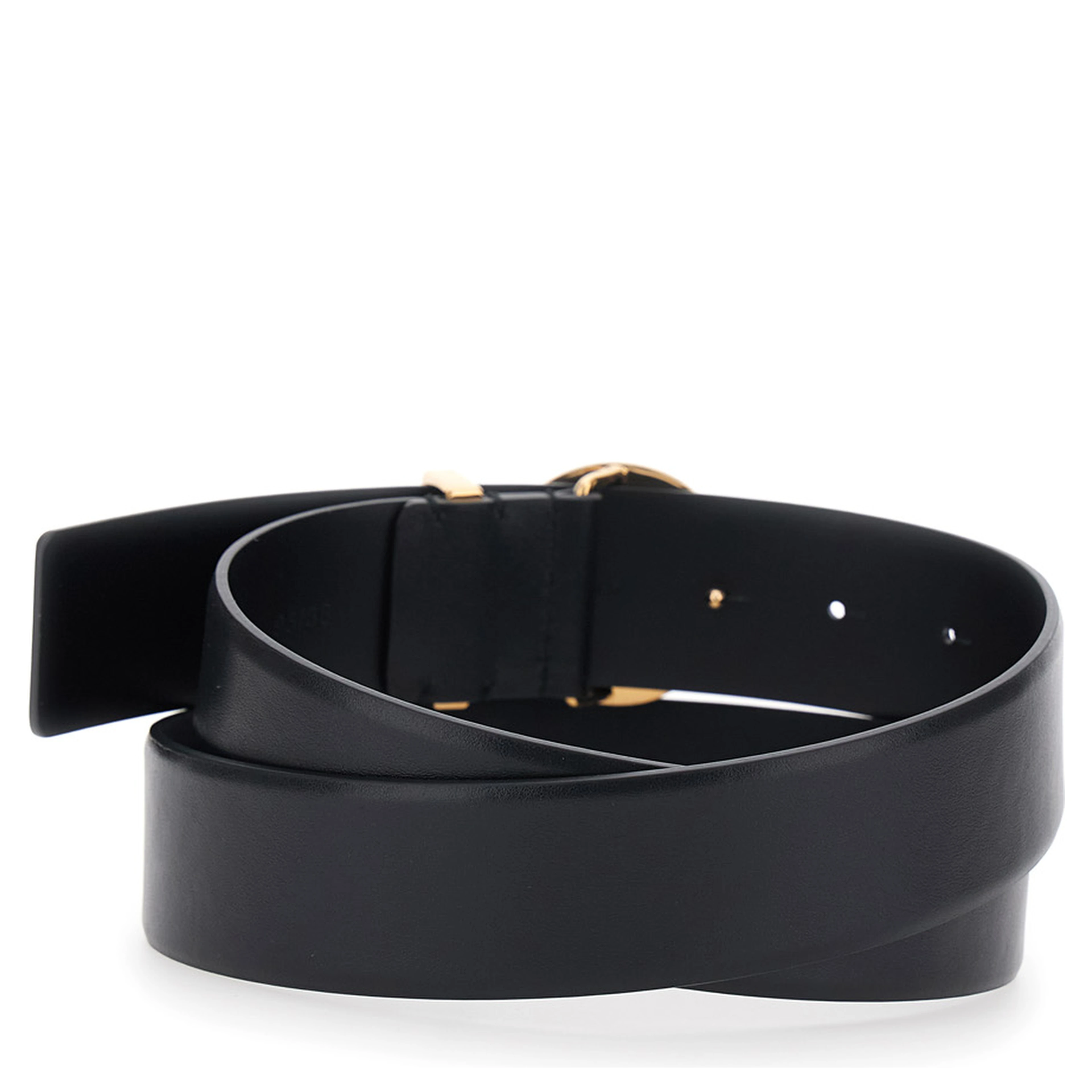 Black Belt with Medusa Buckle and Metal Loop in Leather for Men