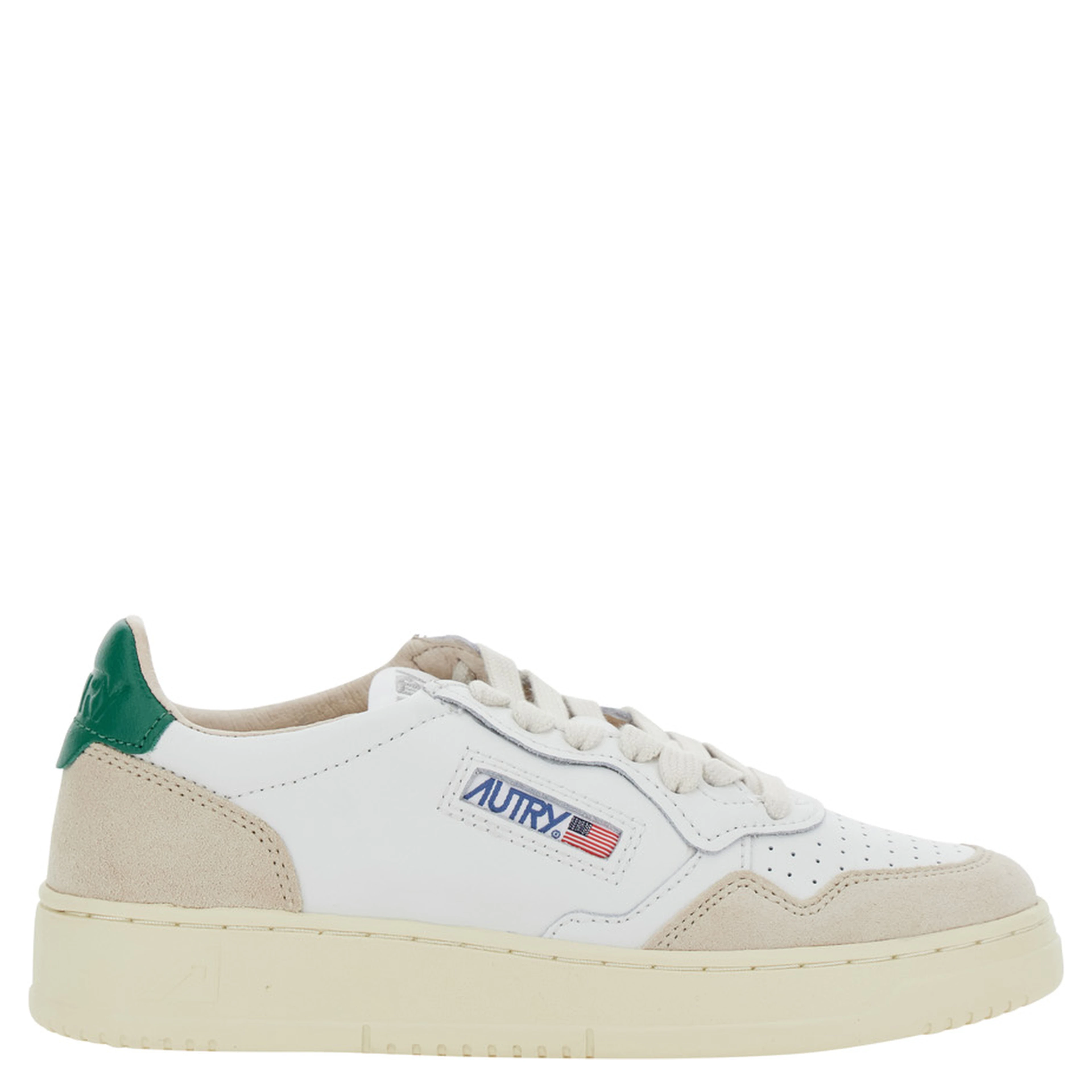 Low Top Sneakers Medalist with Green Suede Details in White Leather for Women