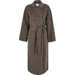 Brown Coat with off-center closure and belt in Blend wool for women