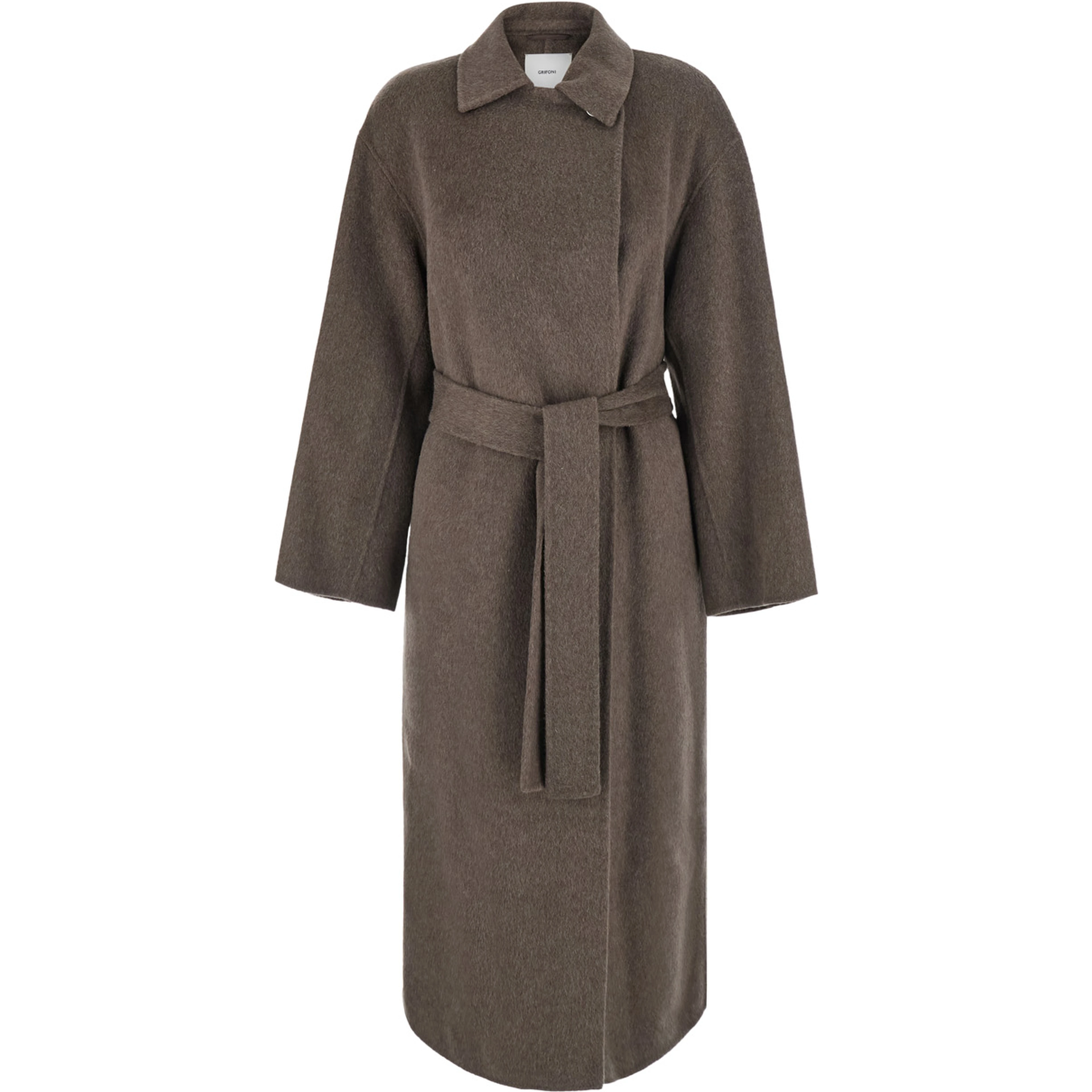 Brown Coat with off-center closure and belt in Blend wool for women