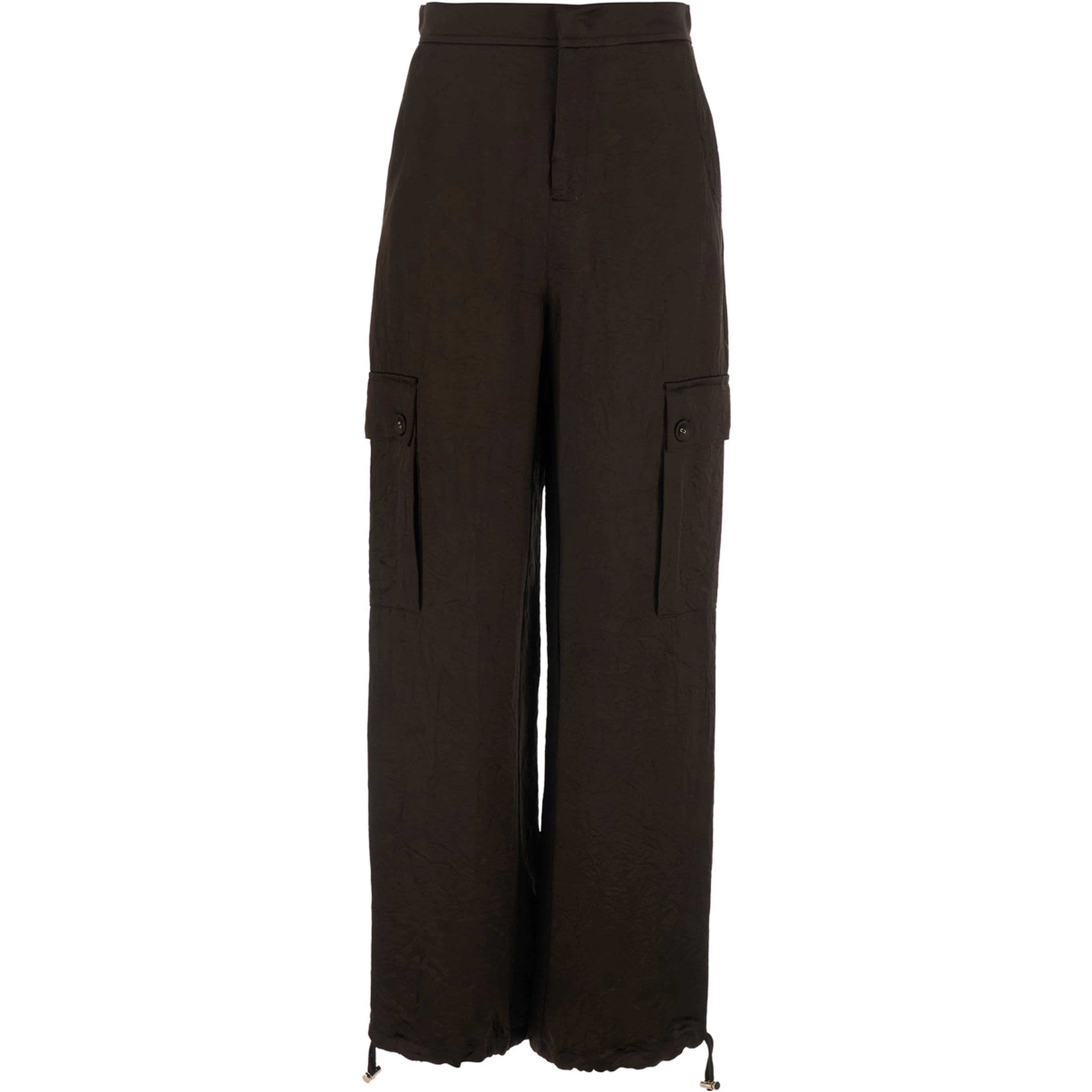 Brown Pants with two patch pockets on the side and drawstring hem in tech fabric for women