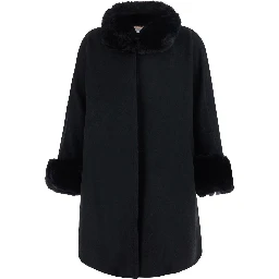 Black fur coat with fur collar and cuffs and hidden front closure in eco fur for women