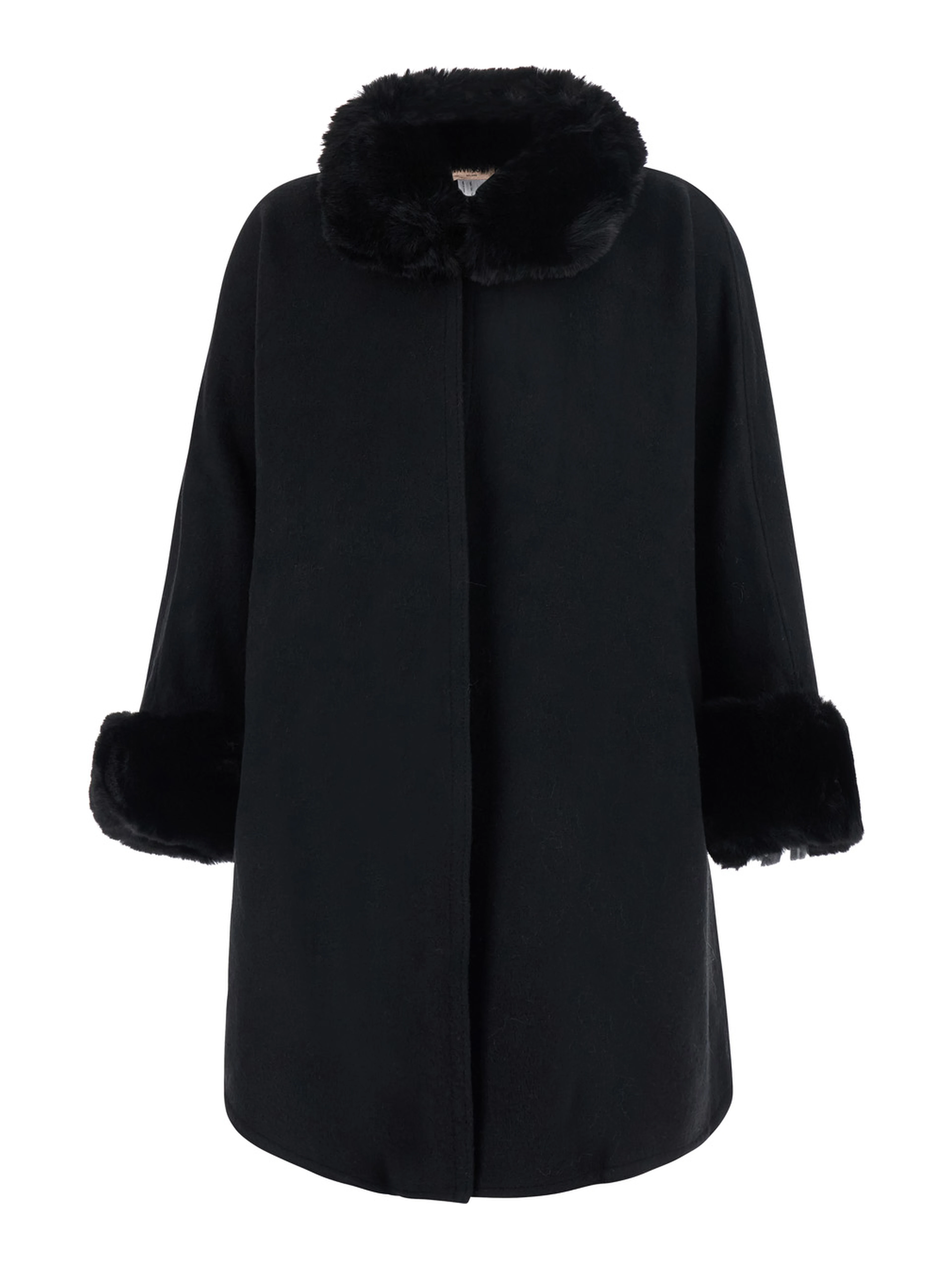 Black fur coat with fur collar and cuffs and hidden front closure in eco fur for women
