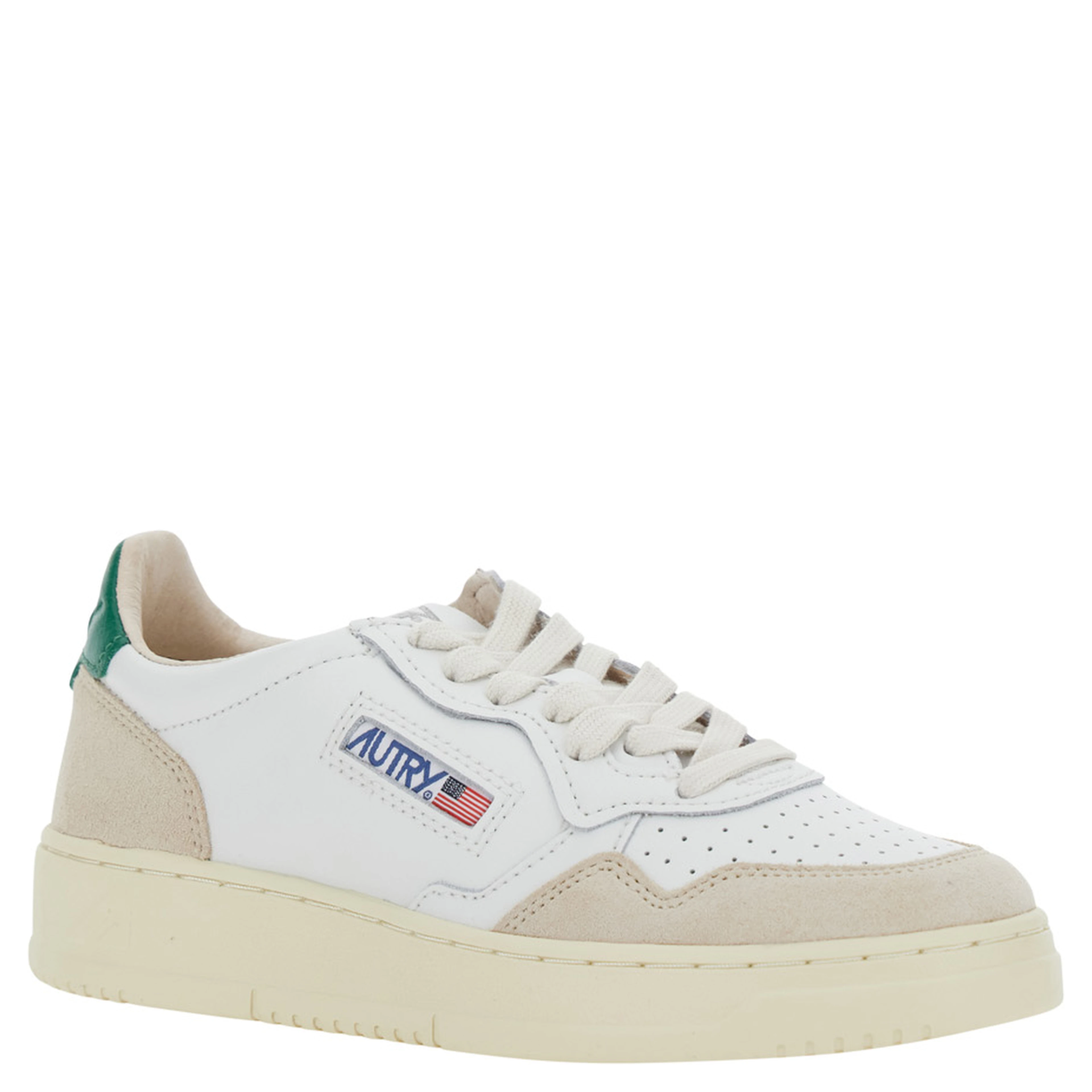 Low Top Sneakers Medalist with Green Suede Details in White Leather for Women