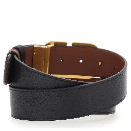 Reversible Belt with VLogo Buckle on the Front in Black Leather for Women