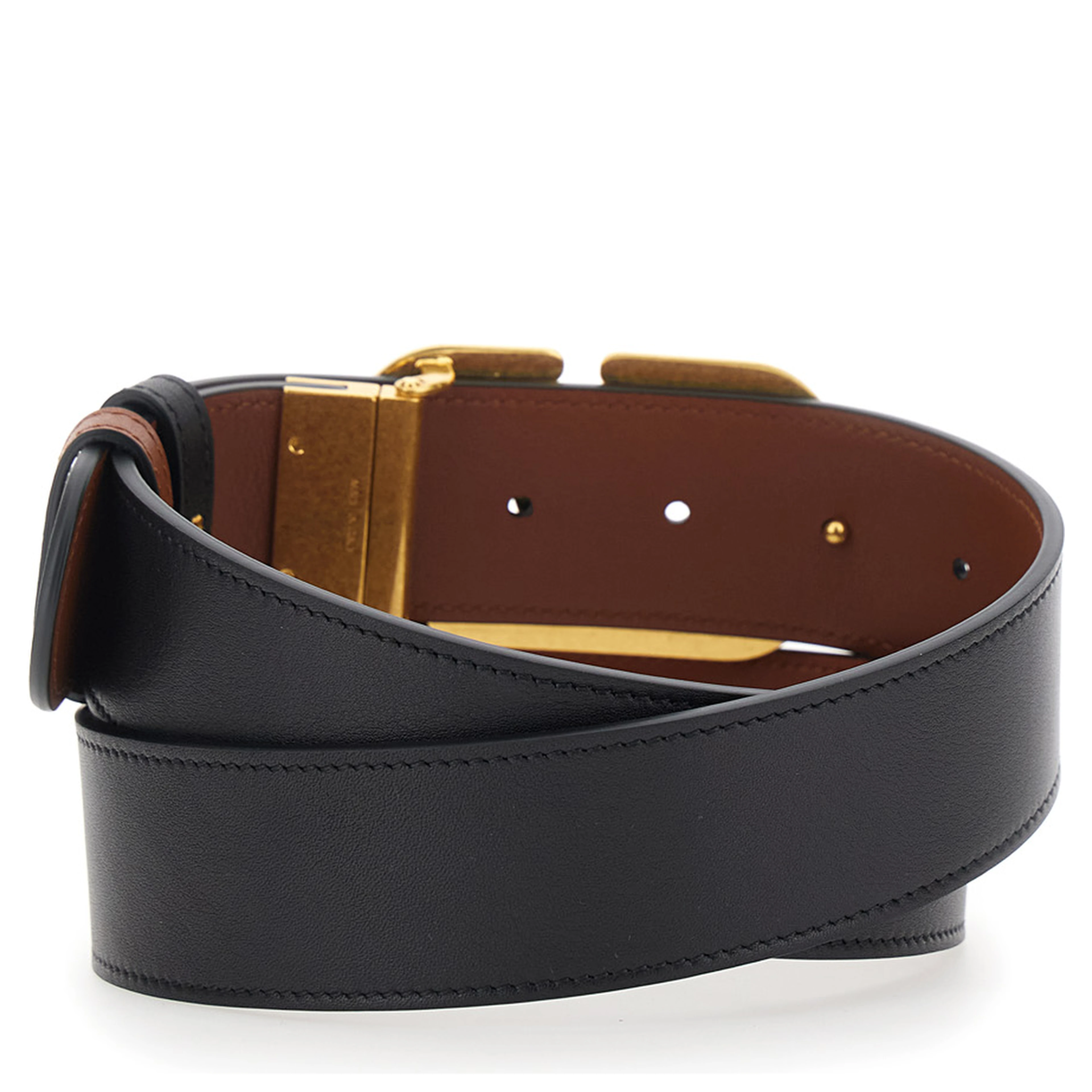 Reversible Belt with VLogo Buckle on the Front in Black Leather for Women