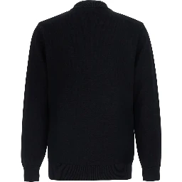 Black Crew Neck Sweater with Half Zip Closure on the Front and Logo Embroidery on the Front in Cotton for Men