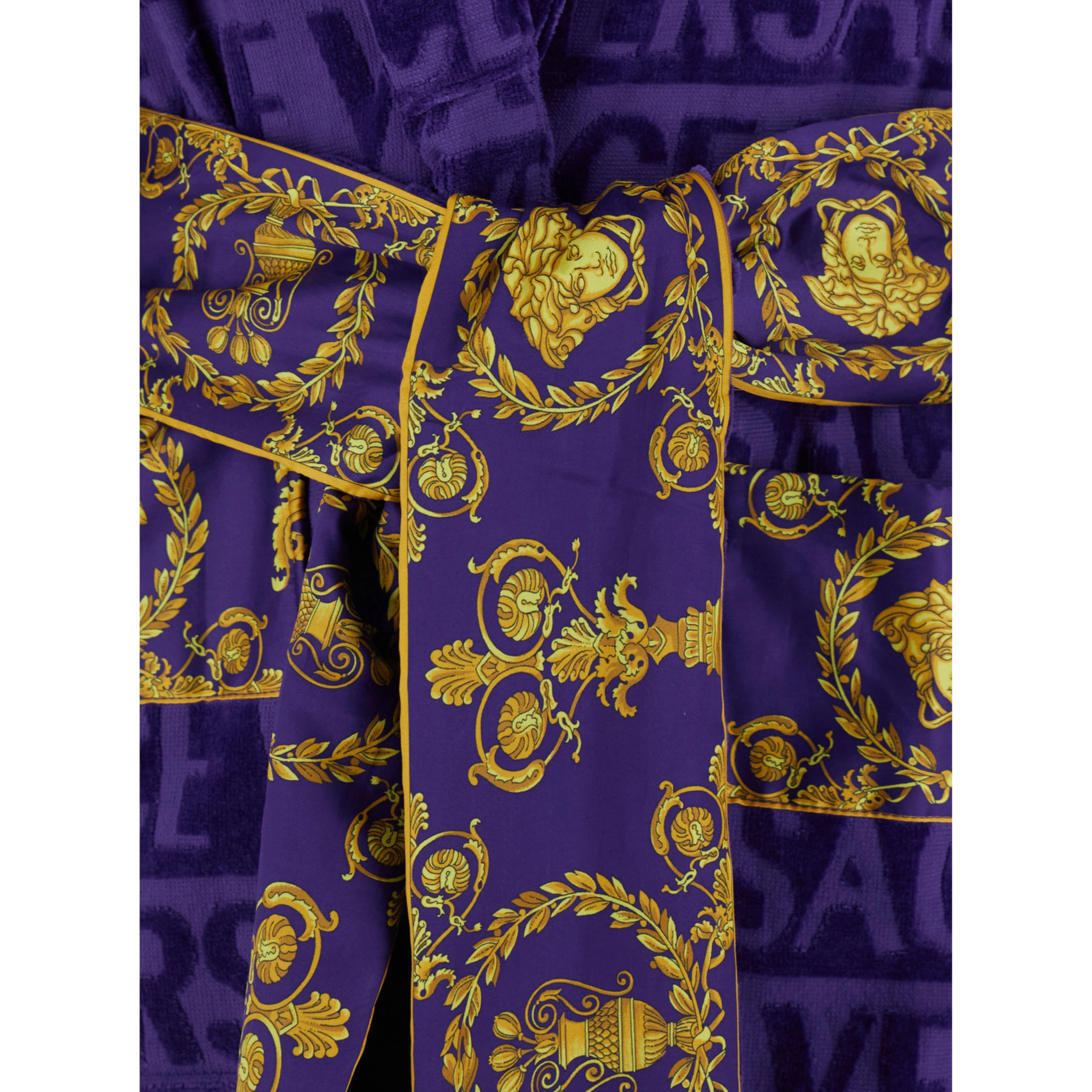 purple Bathrobe with Baroque print and all-over logo in cotton home