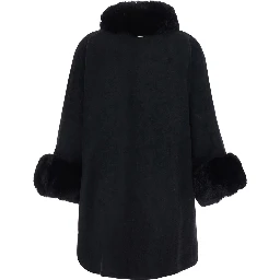 Black fur coat with fur collar and cuffs and hidden front closure in eco fur for women