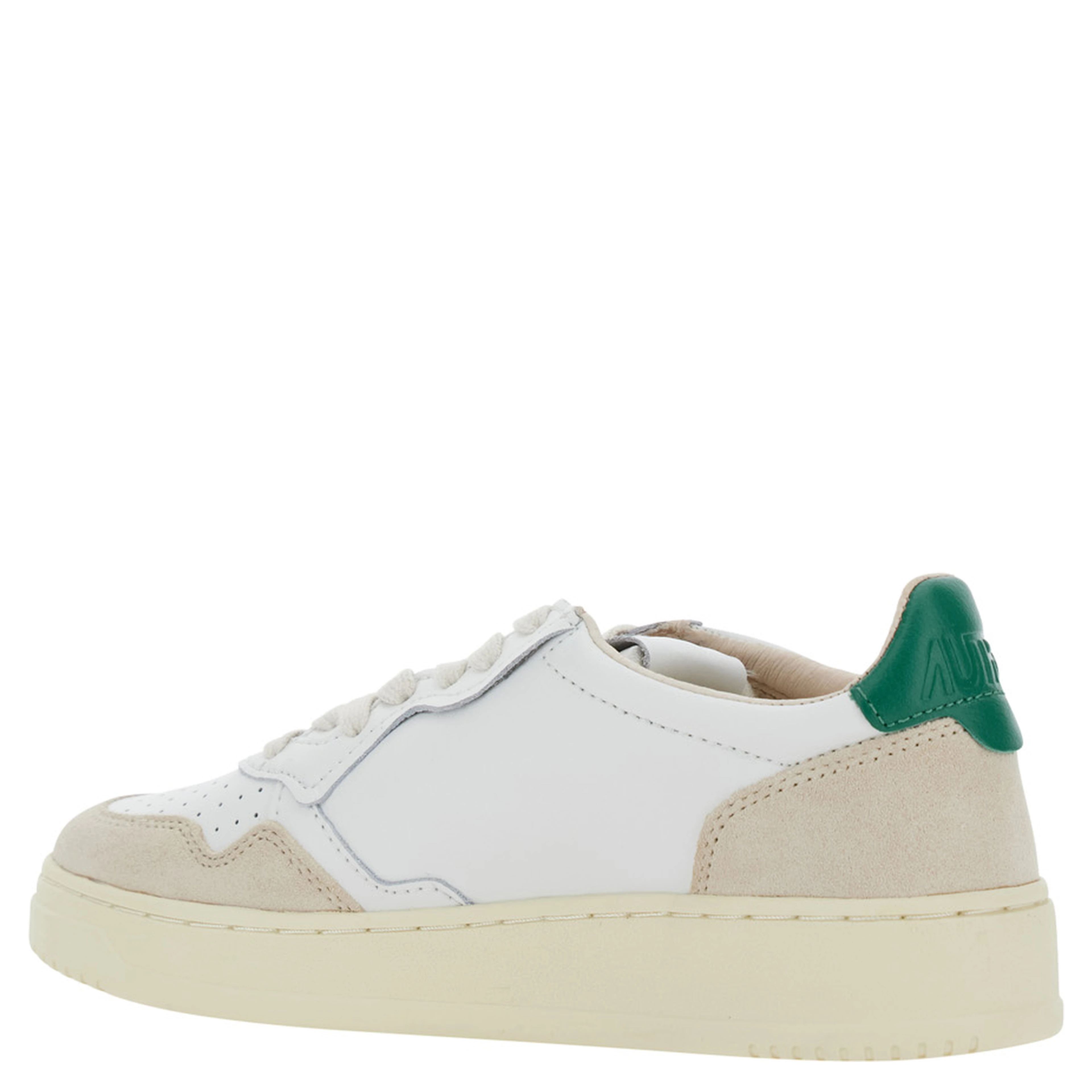 Low Top Sneakers Medalist with Green Suede Details in White Leather for Women