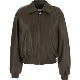 Green Bomber jacket with removable fur collar in leather for women