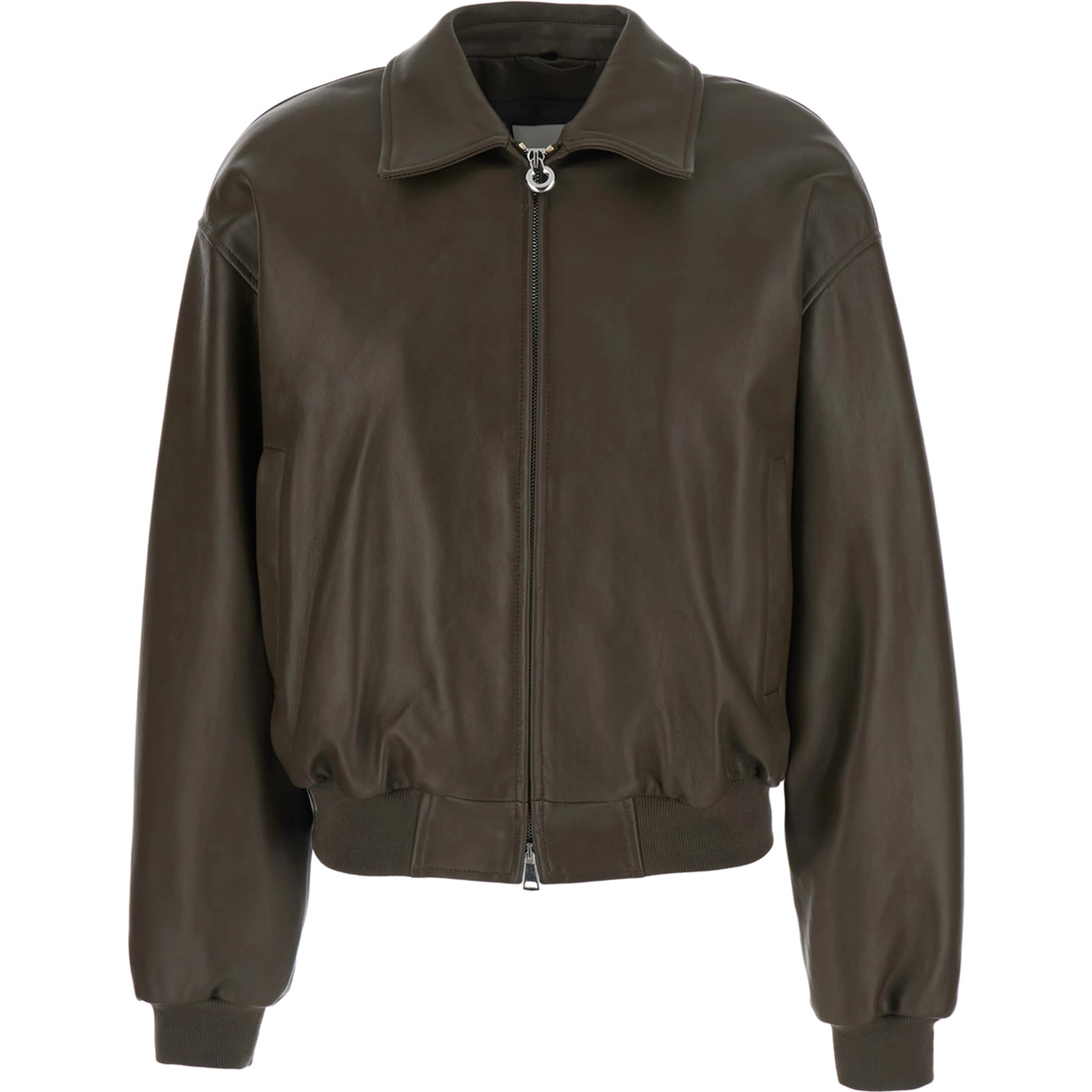 Green Bomber jacket with removable fur collar in leather for women