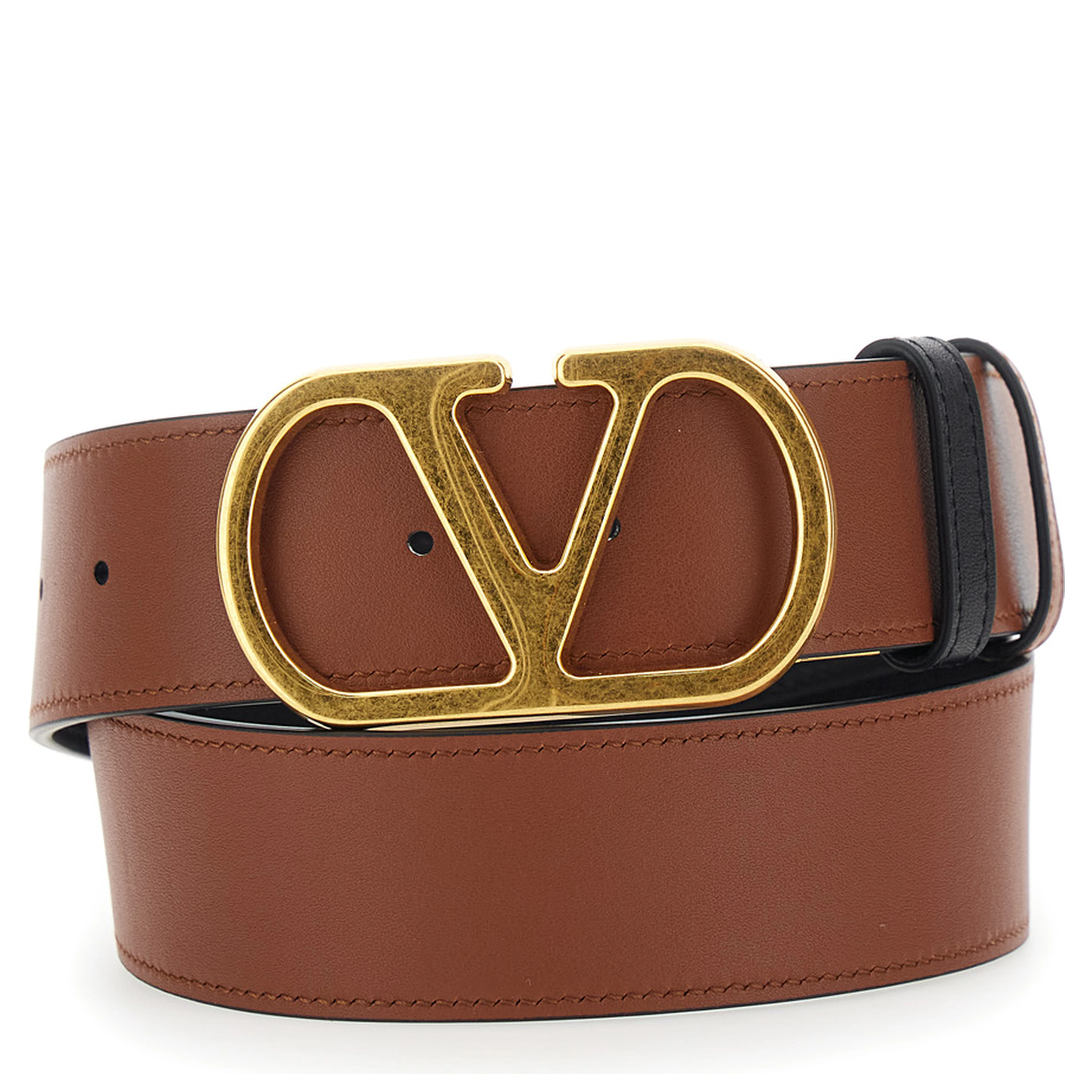 Reversible Belt with VLogo Buckle on the Front in Black Leather for Women