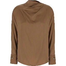 Brown Shirt with Raised Collar and Jewel Buttons in Silk for Women