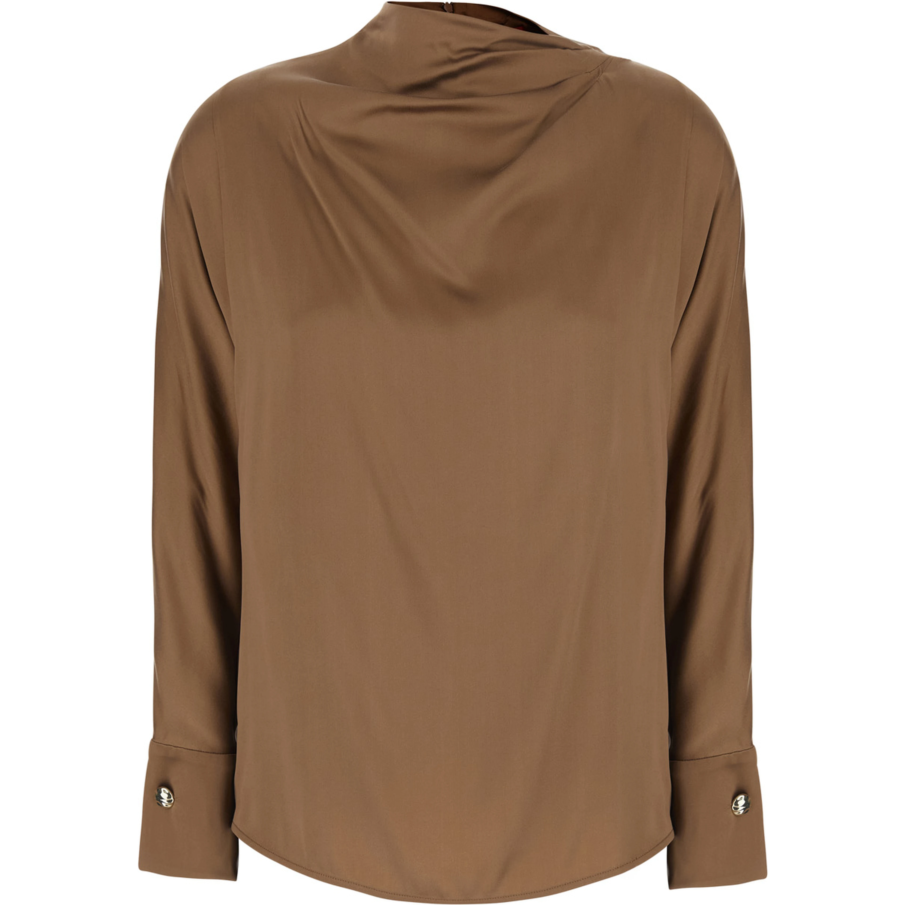 Brown Shirt with Raised Collar and Jewel Buttons in Silk for Women