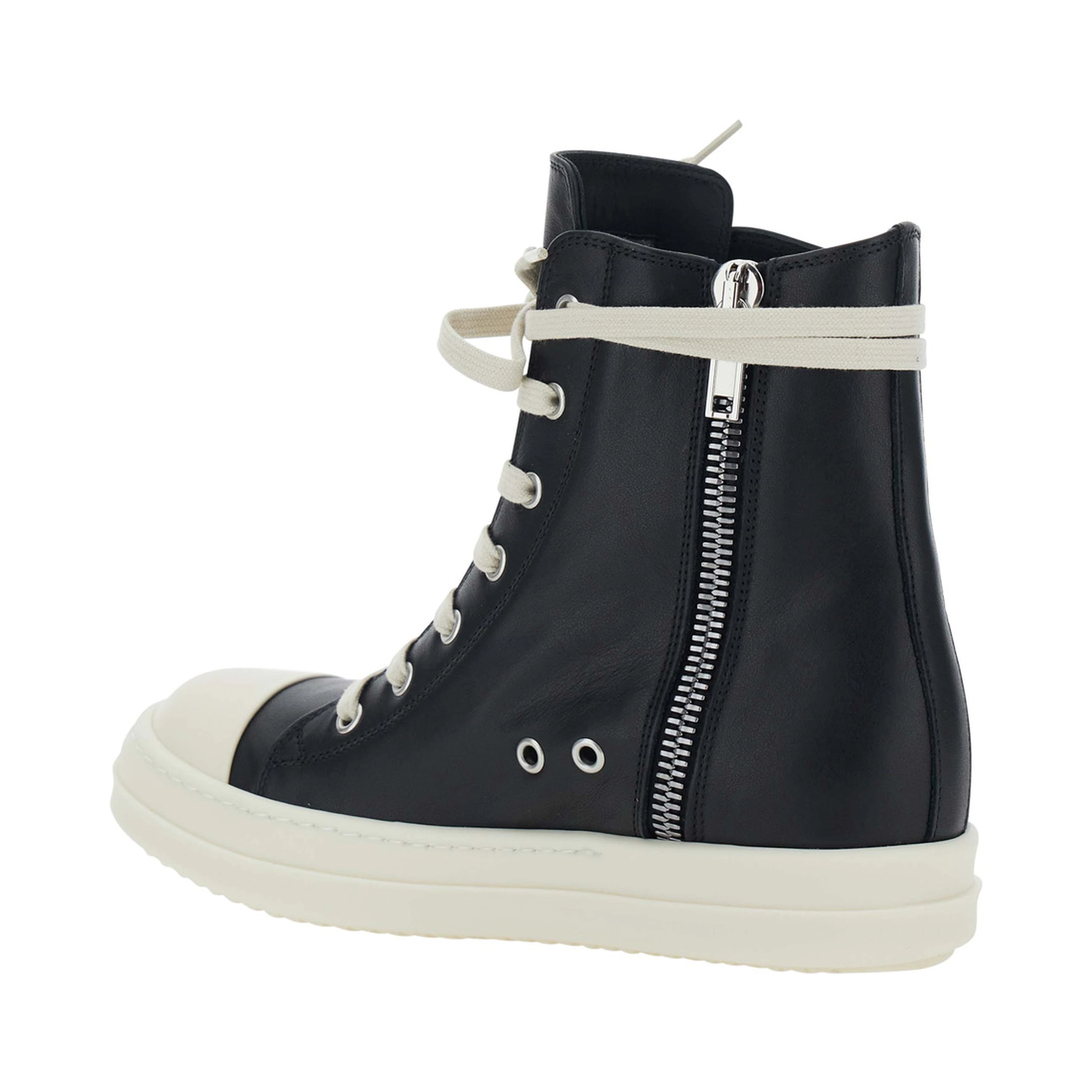 Black Sneakers with Oversized Decorative Laces and Zip Closure on the Side in Leather for Women