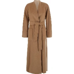 Nodo Beige Coat with no Revers and with a Front Belt Closure in Wool for Women