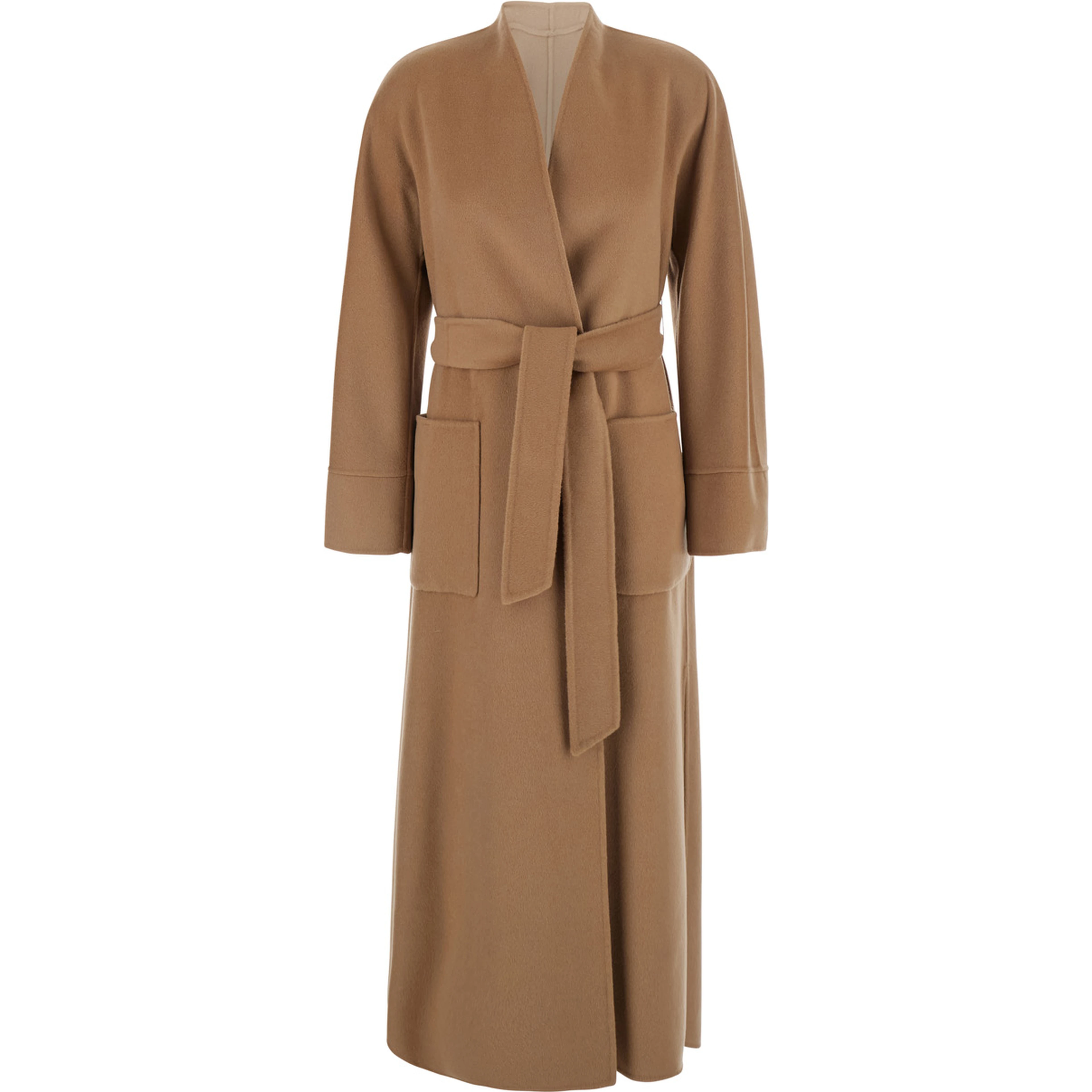Nodo Beige Coat with no Revers and with a Front Belt Closure in Wool for Women