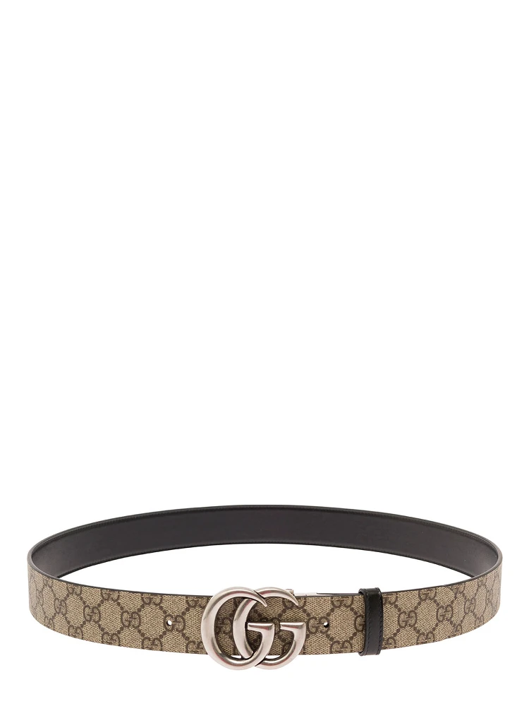 Reversible Belt with Double G Buckle in GG Canvas and Beige Leather for Men
