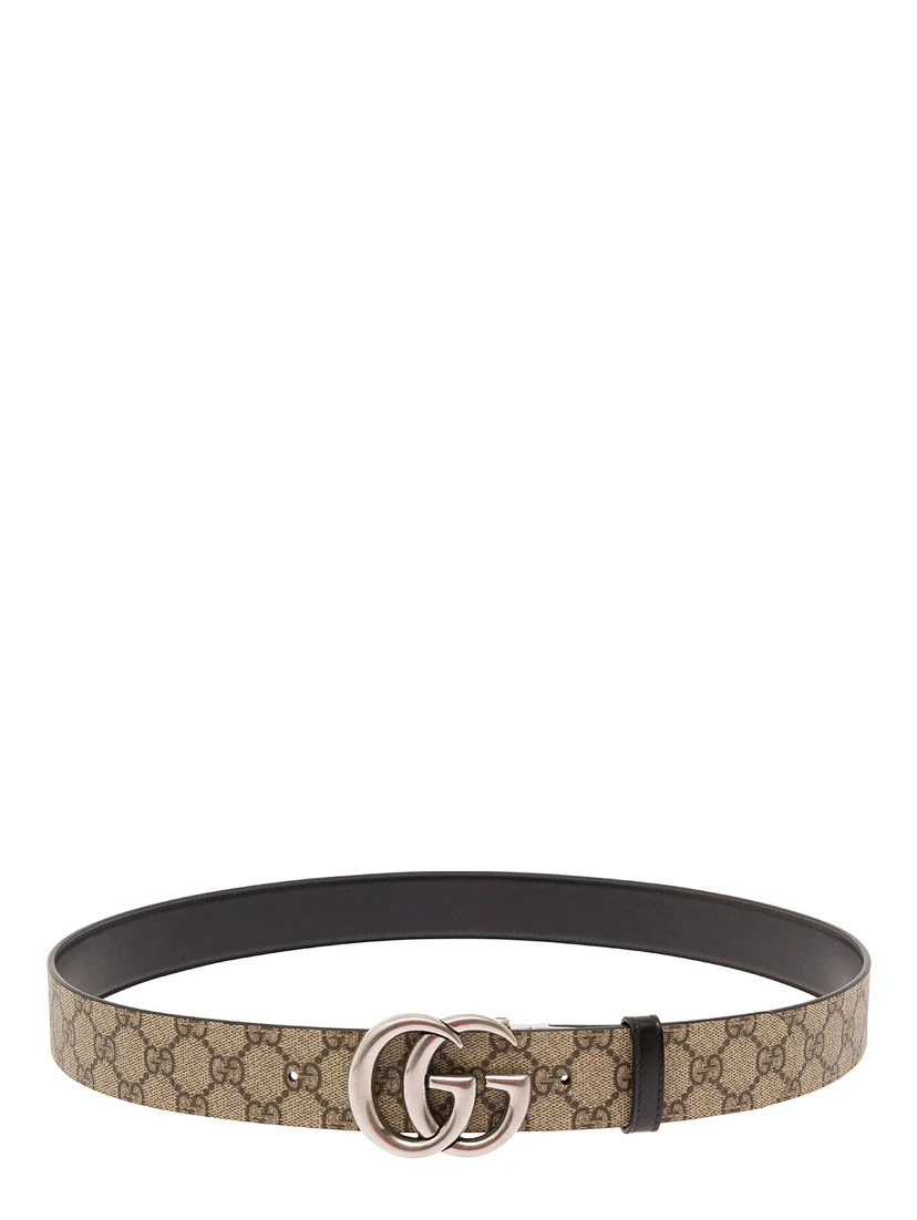 Reversible Belt with Double G Buckle in GG Canvas and Beige Leather for Men