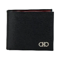 Wallet Revival Gancini with Double Hook in Grained Black Leather for Men