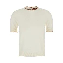 Agenda white crew neck sweater with keyhole closure on the back in silk and wool for women