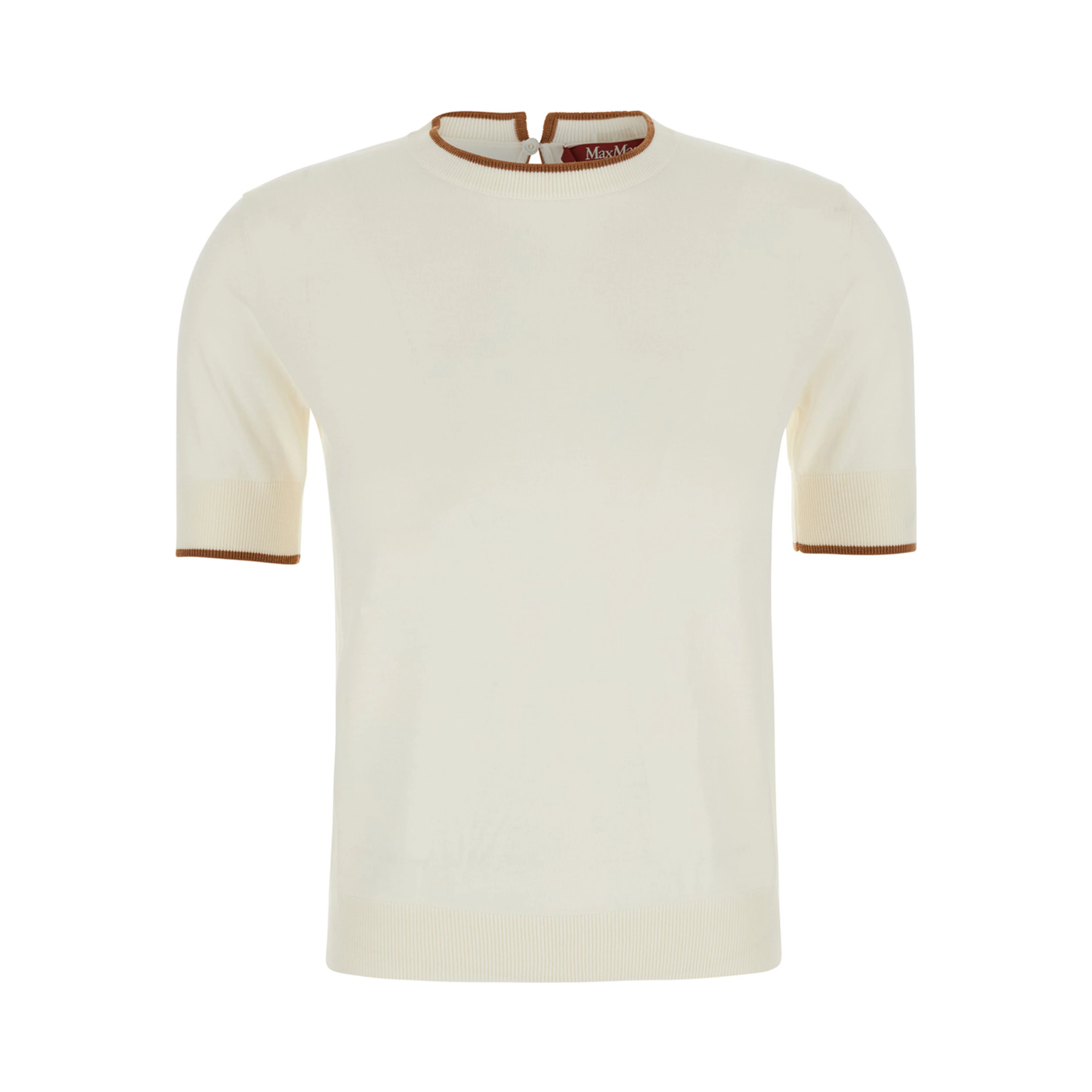 Agenda white crew neck sweater with keyhole closure on the back in silk and wool for women