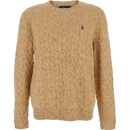 Crew Neck Sweater with Braided Knit and Pony Embroidery on the Front in Wool and Cashmere Beige Men