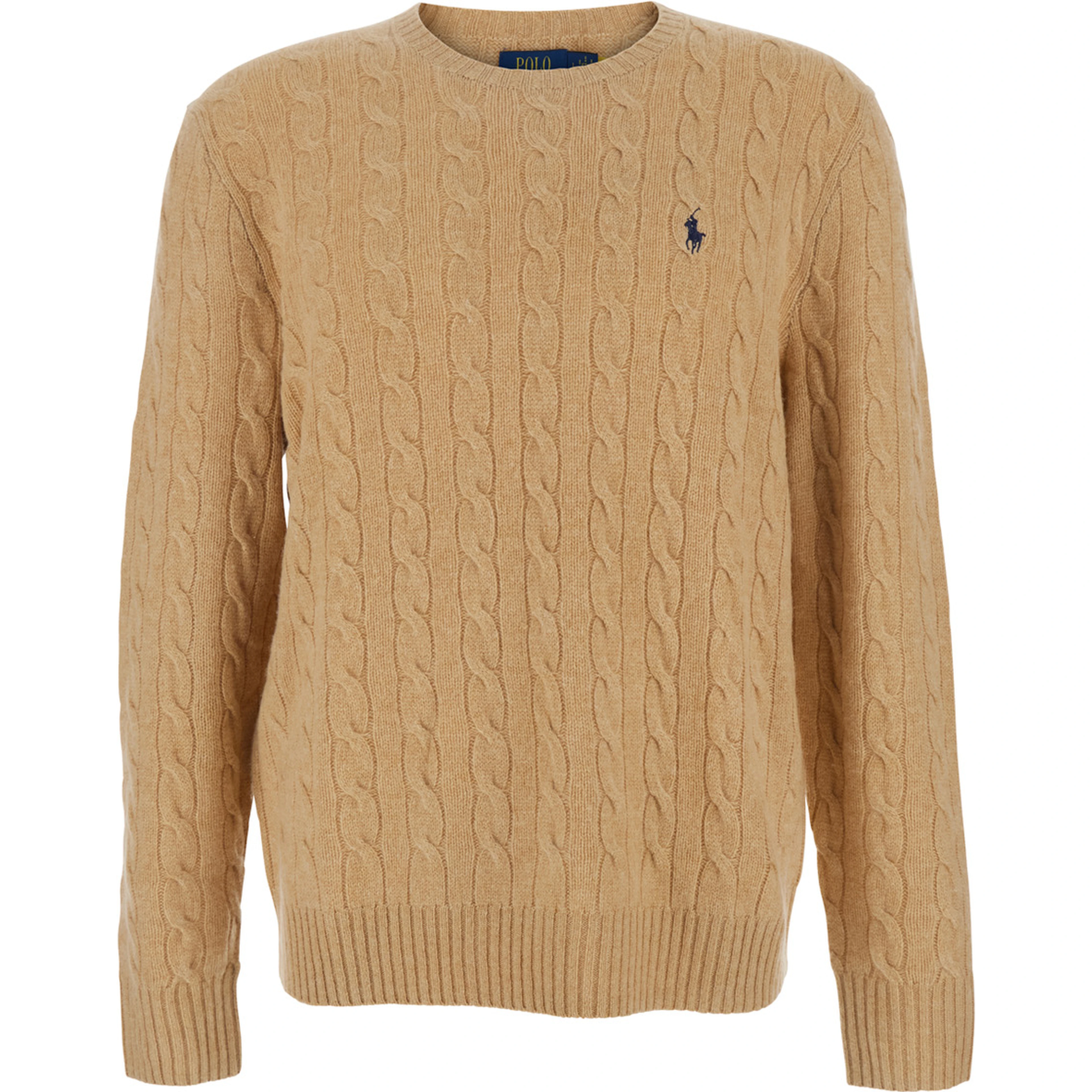 Crew Neck Sweater with Braided Knit and Pony Embroidery on the Front in Wool and Cashmere Beige Men