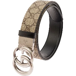 Reversible Belt with Double G Buckle in GG Canvas and Beige Leather for Men