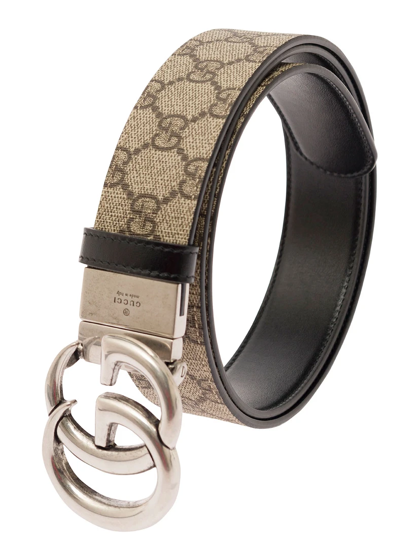 Reversible Belt with Double G Buckle in GG Canvas and Beige Leather for Men