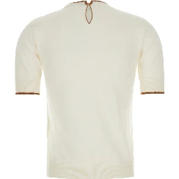 Agenda white crew neck sweater with keyhole closure on the back in silk and wool for women