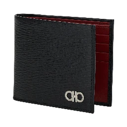 Wallet Revival Gancini with Double Hook in Grained Black Leather for Men