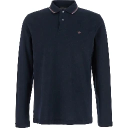 Long Sleeve Polo with Logo Embroidery in Stretch Cotton Blue Men