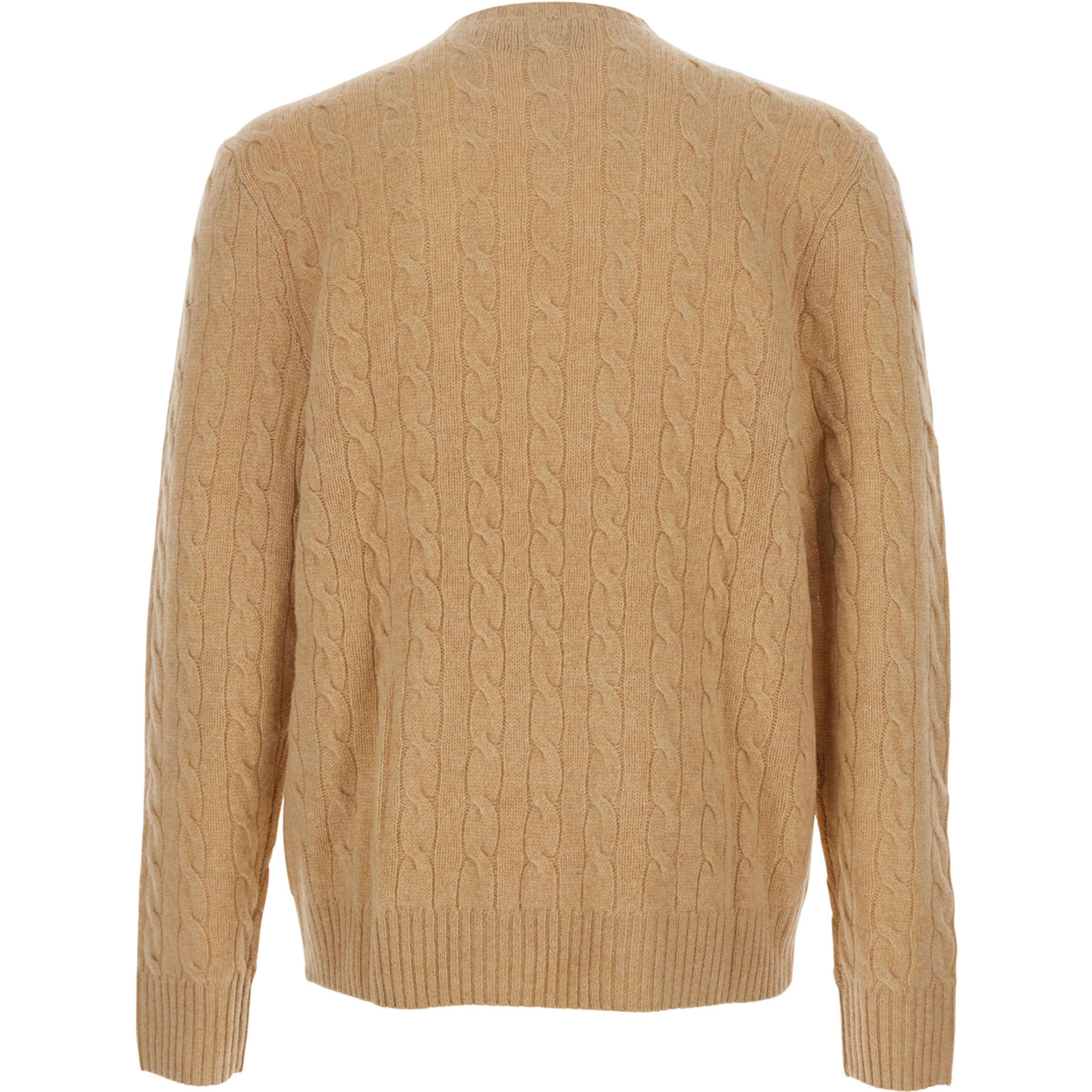 Crew Neck Sweater with Braided Knit and Pony Embroidery on the Front in Wool and Cashmere Beige Men