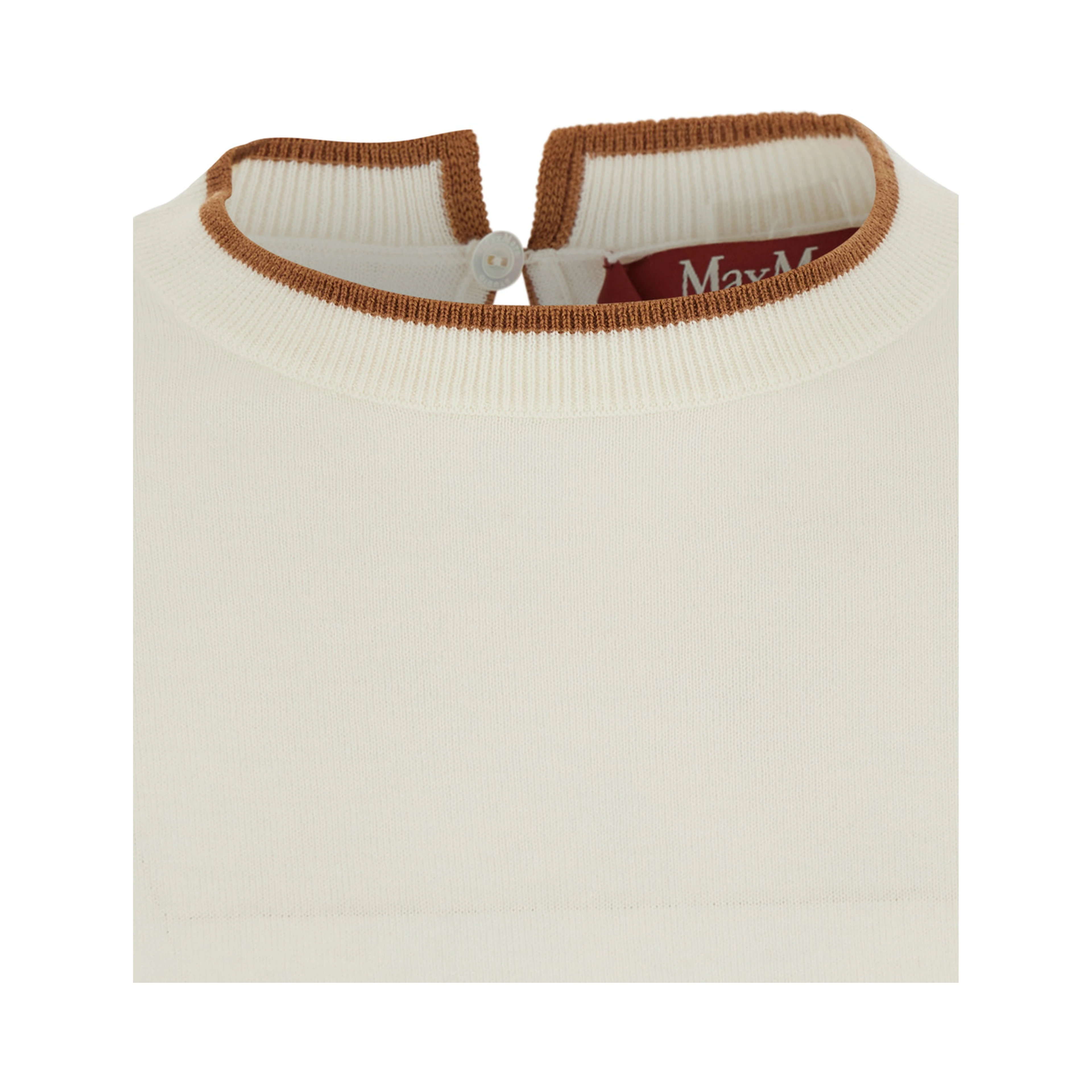 Agenda white crew neck sweater with keyhole closure on the back in silk and wool for women