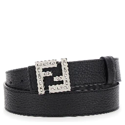 Belt with FF Logo Plate in Metallic and Black Grained Leather for Men