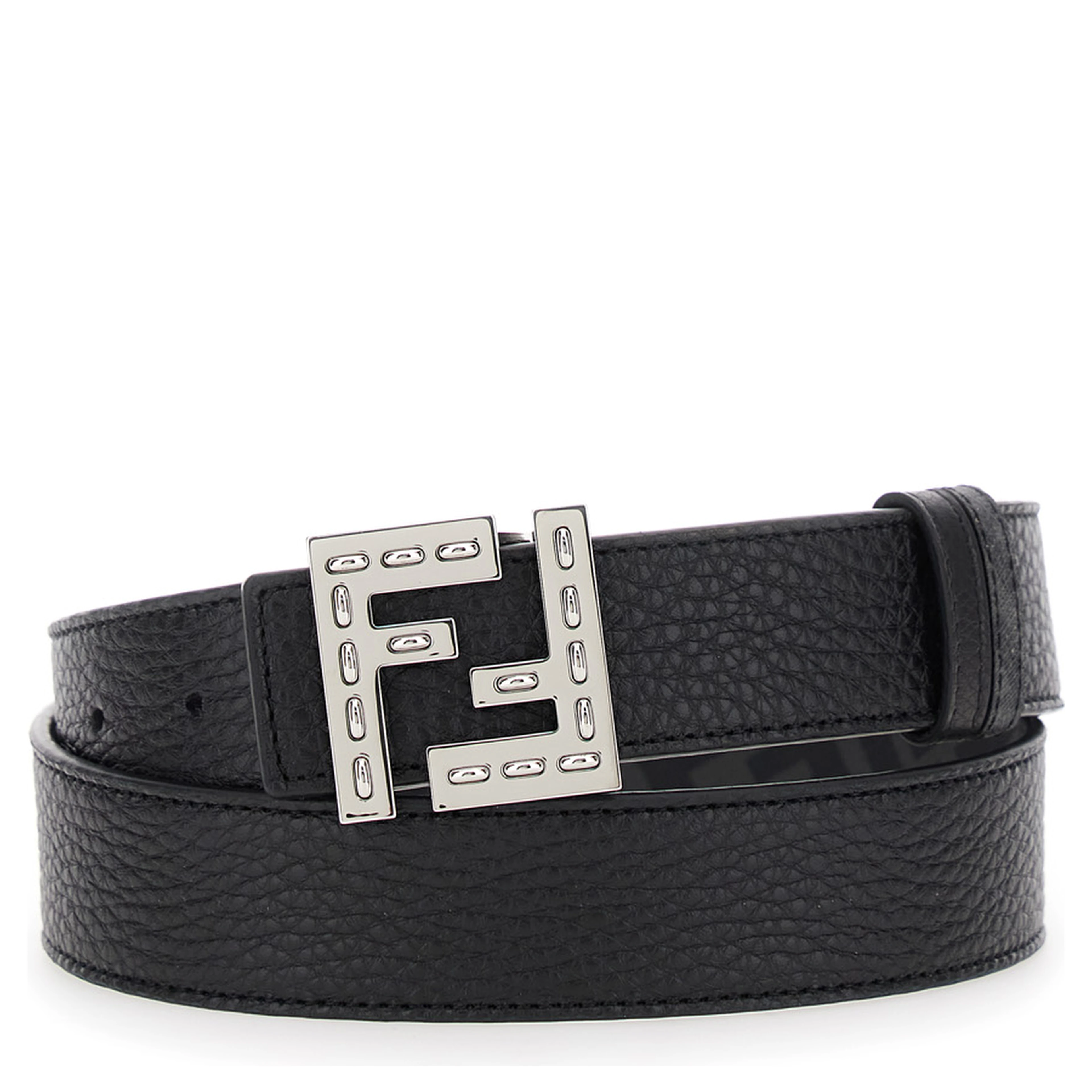 Belt with FF Logo Plate in Metallic and Black Grained Leather for Men