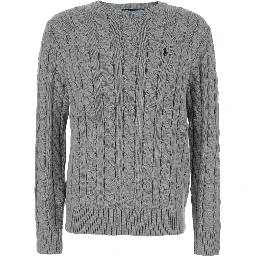 Crewneck Sweater with Pony Embroidery on the Front and Cable Knit in Grey Cotton for Men
